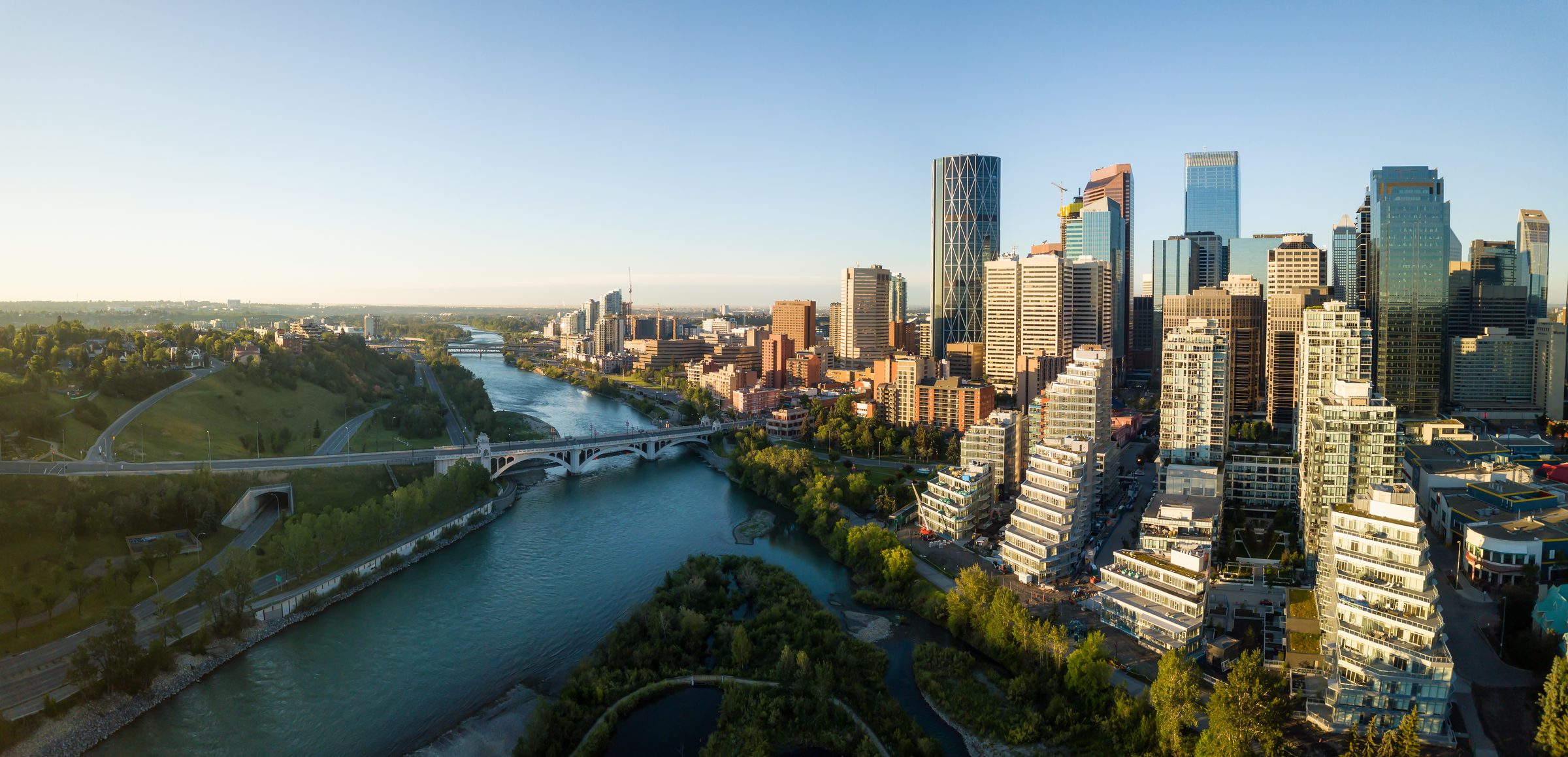 Aerial view of downtown Calgary along the Bow River